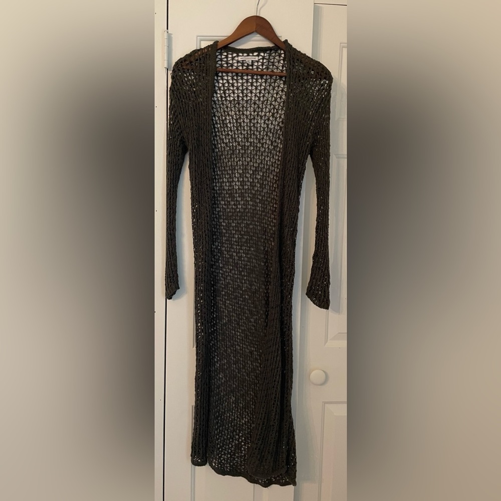 Olive crochet long sleeve cardigan.